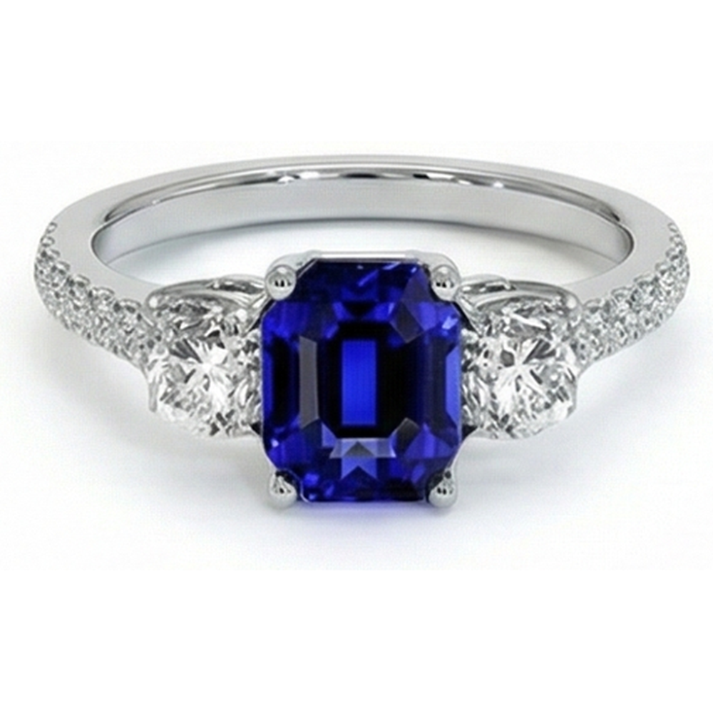 Emerald Blue Sapphire 3 Stone Style Ring With Accents 7 Ct Gold 14K