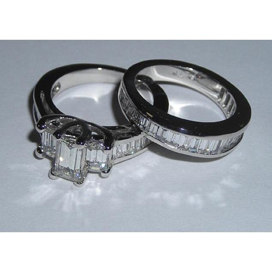 Emerald Cut & Baguettes Cut Natural Diamond Ring 3.53 Carats White Gold 14K