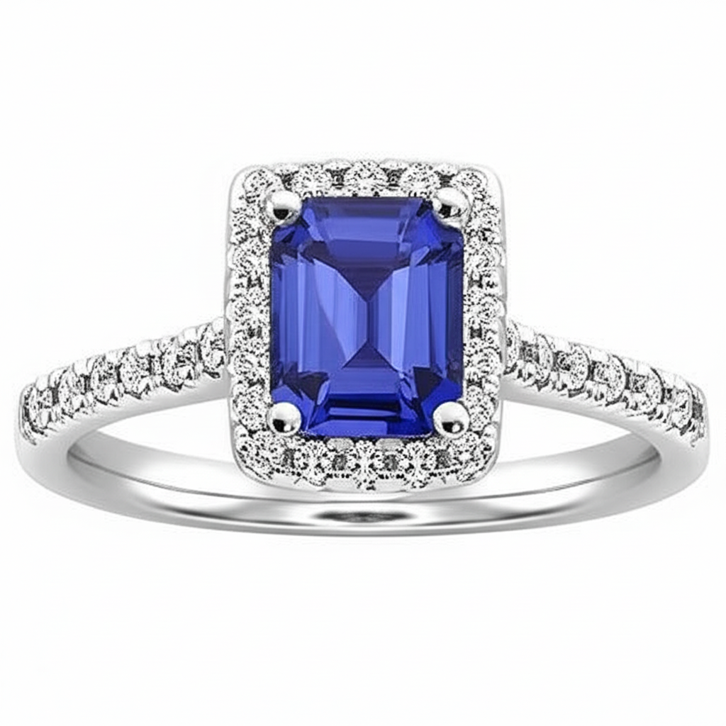 Emerald Cut Blue Sapphire Halo Ring with Natural Earth Mined Diamond 4.25 Carats