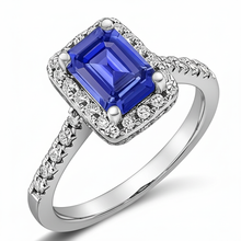 Emerald Cut Blue Sapphire Halo Ring with Natural Earth Mined Diamond 4.25 Carats