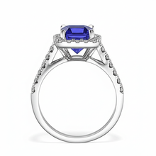 Emerald Cut Blue Sapphire Halo Ring with Natural Earth Mined Diamond 4.25 Carats
