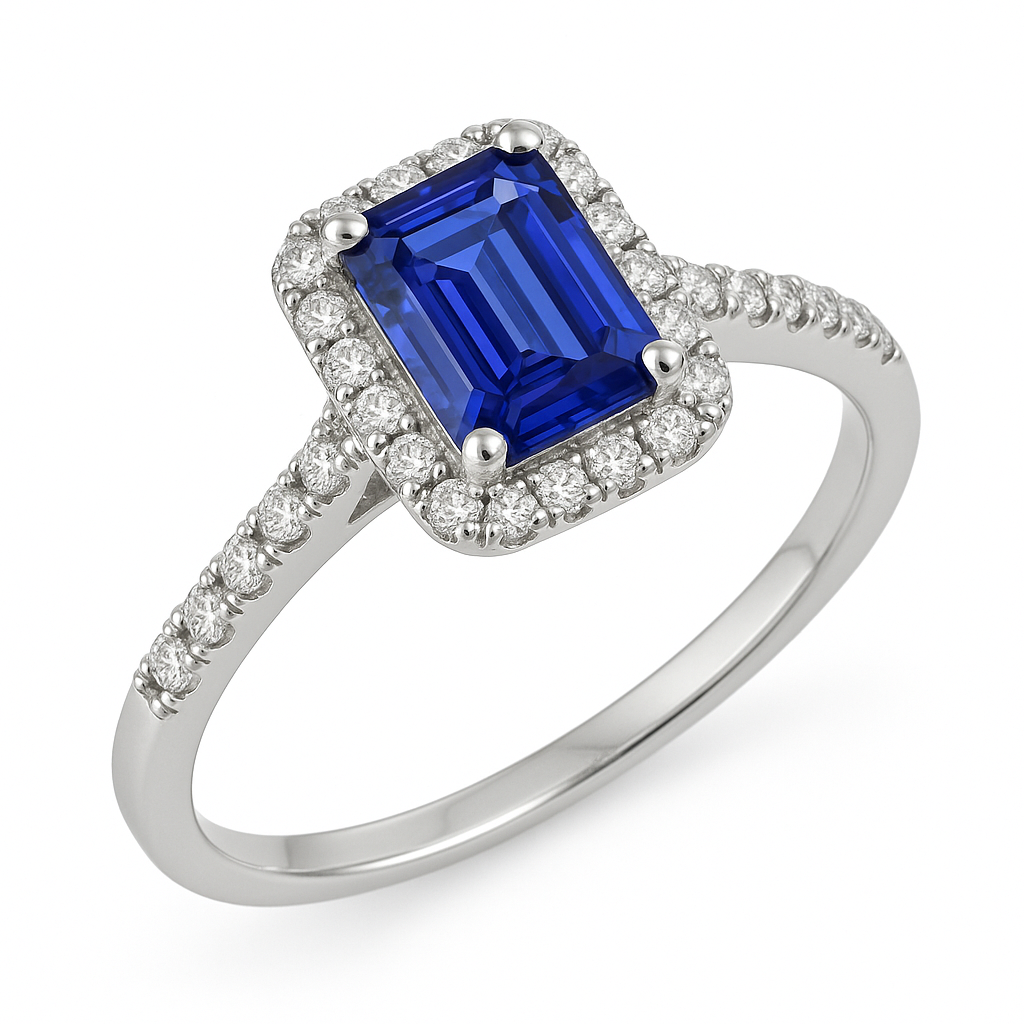 Emerald Cut Blue Sapphire Halo Ring with Natural Earth Mined Diamond 4.25 Carats