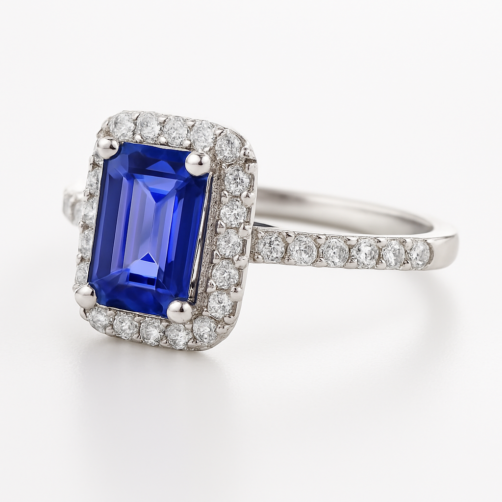 Emerald Cut Blue Sapphire Halo Ring with Natural Earth Mined Diamond 4.25 Carats