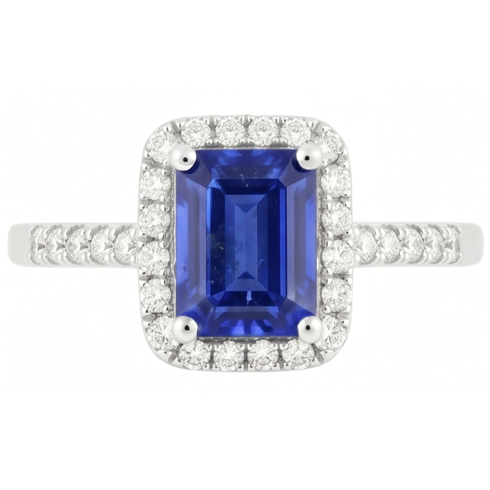 Emerald Cut Blue Sapphire Halo Ring with Natural Earth Mined Diamond 4.25 Carats