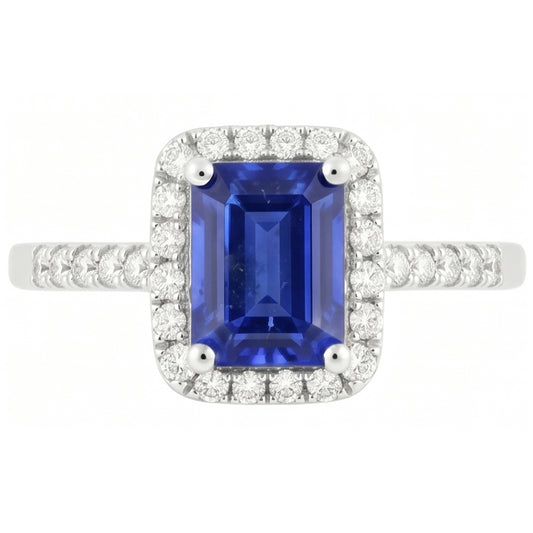 Emerald Cut Blue Sapphire Halo Ring with Natural Earth Mined Diamond 4.25 Carats