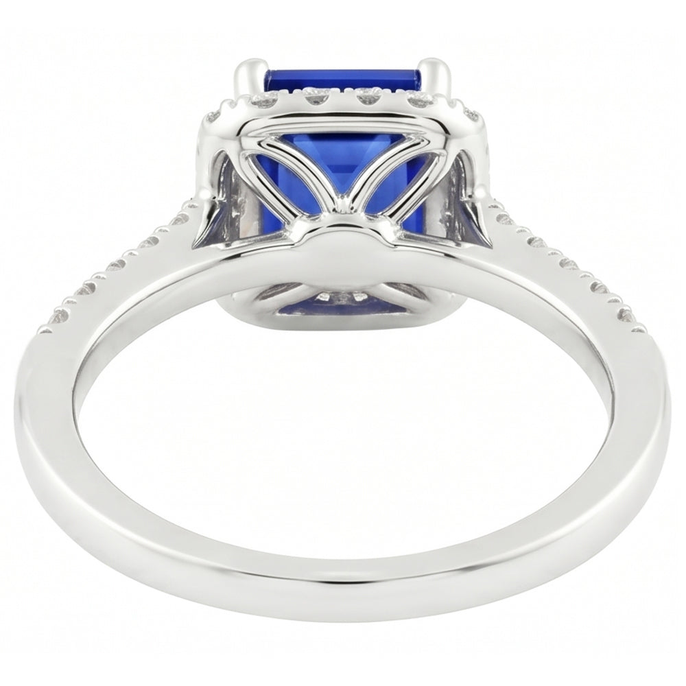 Emerald Cut Blue Sapphire Halo Ring with Natural Earth Mined Diamond 4.25 Carats