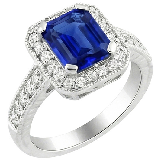 Emerald Cut Blue Sapphire Natural Earth Mined DIAMOND ( NOT LAB GROWN ) Engagement Ring 2.20 Carats Gold 14K