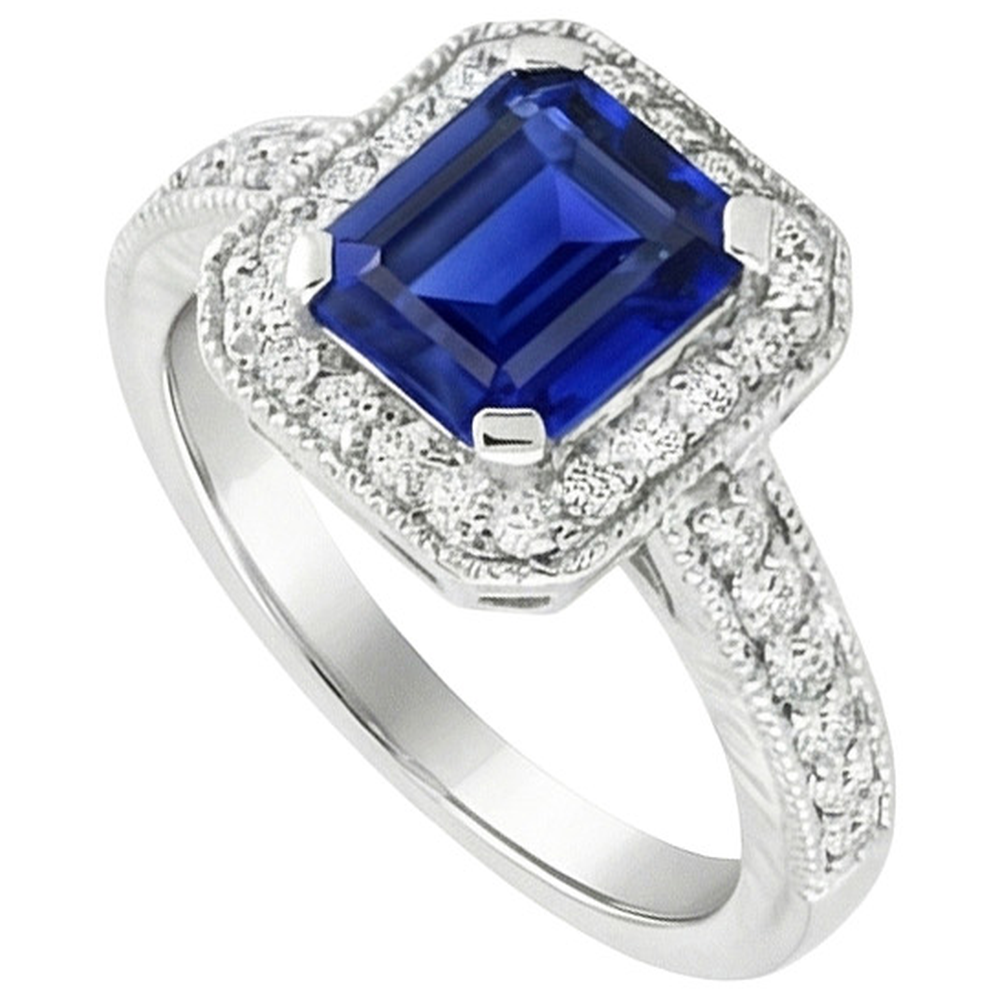 Emerald Cut Blue Sapphire Natural Earth Mined DIAMOND ( NOT LAB GROWN ) Engagement Ring 2.20 Carats Gold 14K