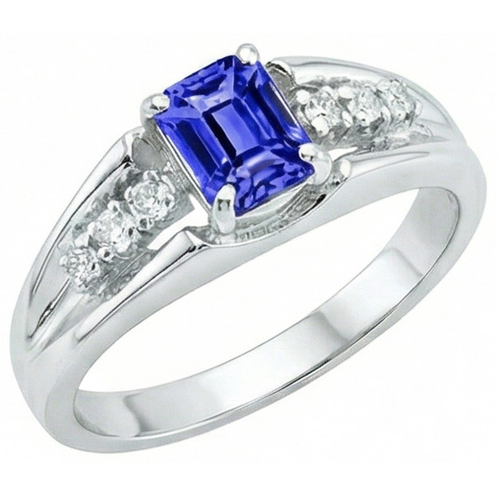 Emerald Cut Ceylon Sapphire With Round Natural Earth Mined DIAMOND ( NOT LAB GROWN )s 1.30 Ct Ring