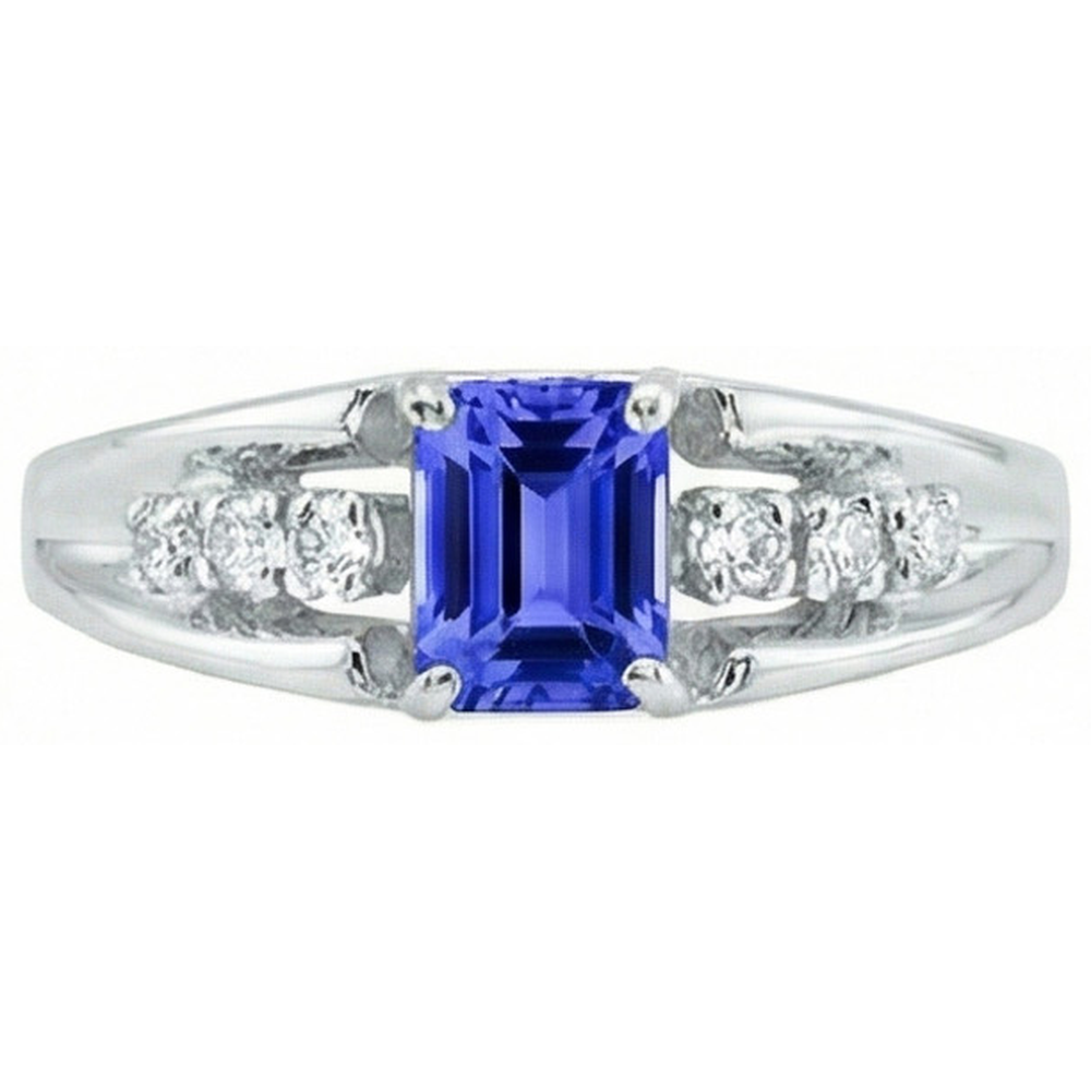 Emerald Cut Ceylon Sapphire With Round Natural Earth Mined DIAMOND ( NOT LAB GROWN )s 1.30 Ct Ring