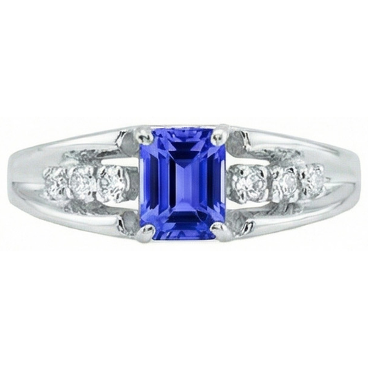 Emerald Cut Ceylon Sapphire With Round Natural Earth Mined DIAMOND ( NOT LAB GROWN )s 1.30 Ct Ring