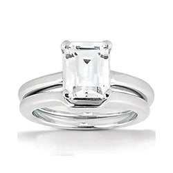 Emerald Cut Real Natural Earth Mined Diamond Solitaire Ring 2 Carat With Band White Gold 14K