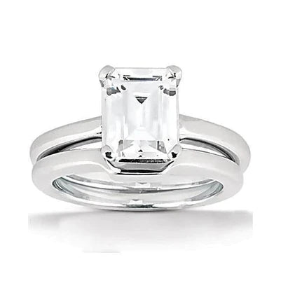 Emerald Cut Real Diamond Solitaire Ring 2 Carat With Band White Gold 14K