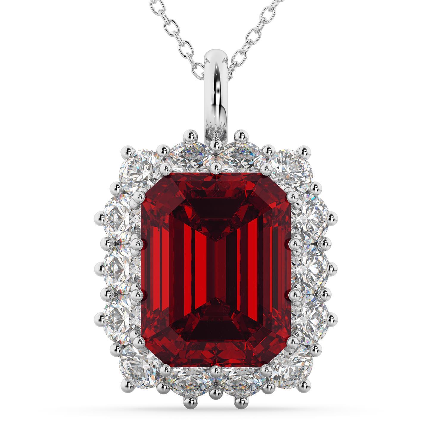 Emerald Cut Red Ruby And Diamond Women Pendant White Gold 9.75 Ct.