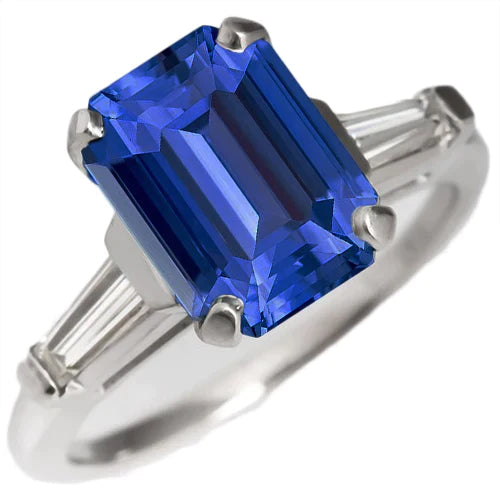 Emerald Cut Sapphire Gem Ring With Baguette Diamonds