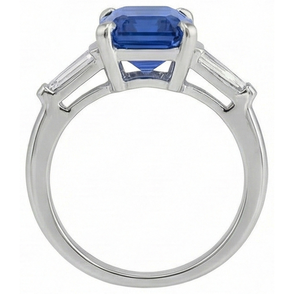 Emerald Cut Sapphire Gem Ring With Baguette Natural Earth Mined Diamonds