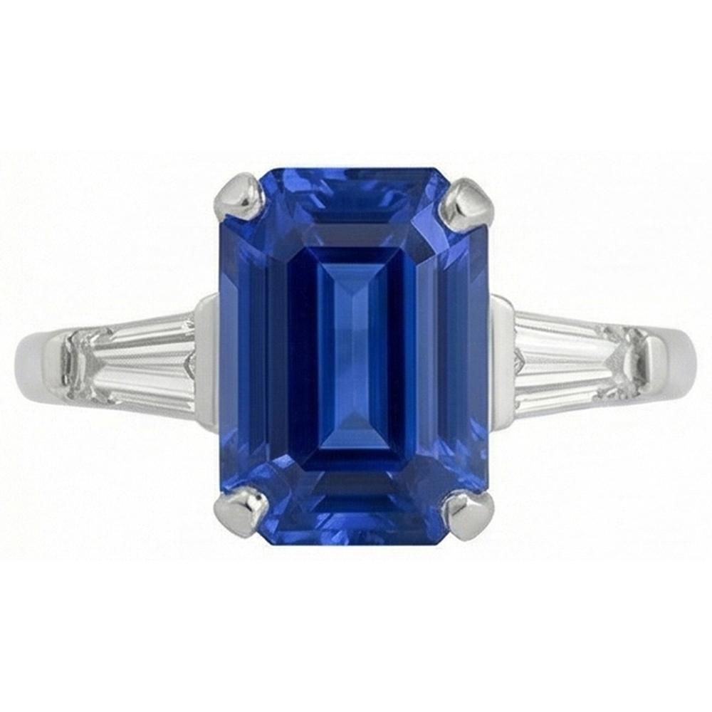 Emerald Cut Sapphire Gem Ring With Baguette Natural Earth Mined Diamonds