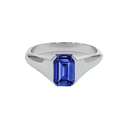 Emerald Cut Solitaire Blue Sapphire Gents Ring White Gold 4 Carats New