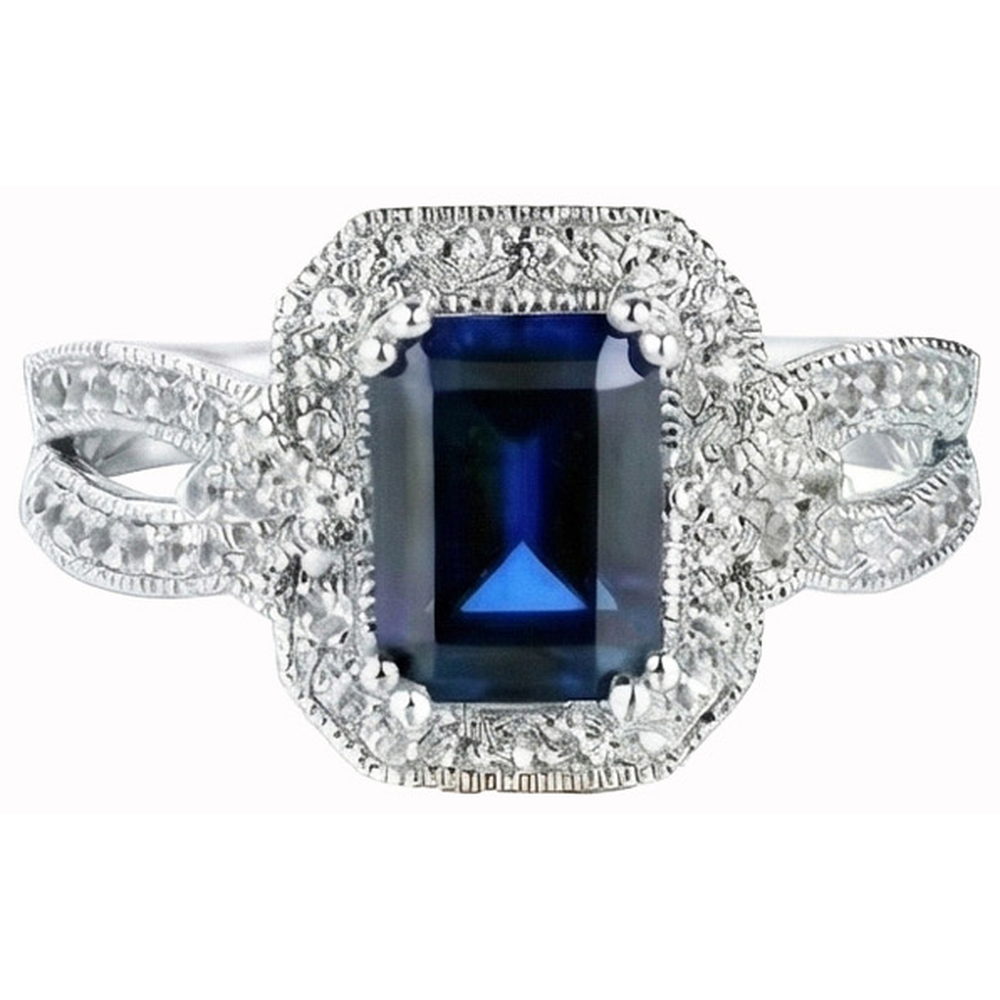 Emerald Cut Sri Lanka Sapphire Natural Earth Mined DIAMOND ( NOT LAB GROWN ) Ring White Gold 14K 3.5 Ct.