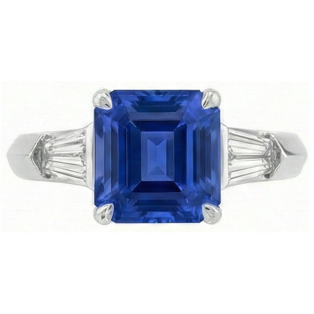 Emerald Gemstone Ring Ceylon Sapphire 6 Carat Tapered Baguette Natural Earth Mined Diamond