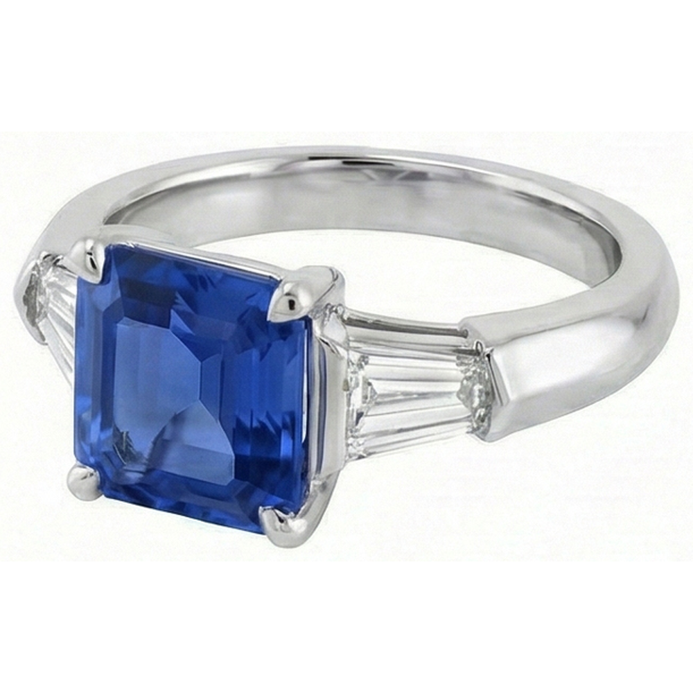 Emerald Gemstone Ring Ceylon Sapphire 6 Carat Tapered Baguette Natural Earth Mined Diamond
