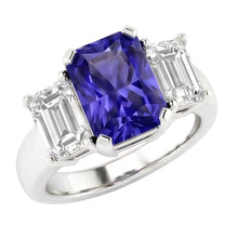 Emerald Natural Earth Mined Diamond 3 Stone Ring 2 Carats Blue Sapphire Radiant Cut Gold