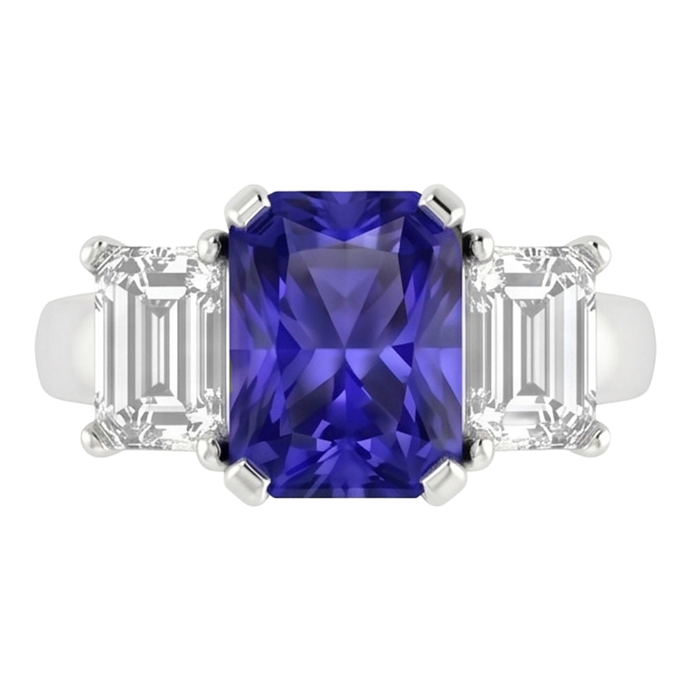 Emerald Natural Earth Mined Diamond 3 Stone Ring 2 Carats Blue Sapphire Radiant Cut Gold