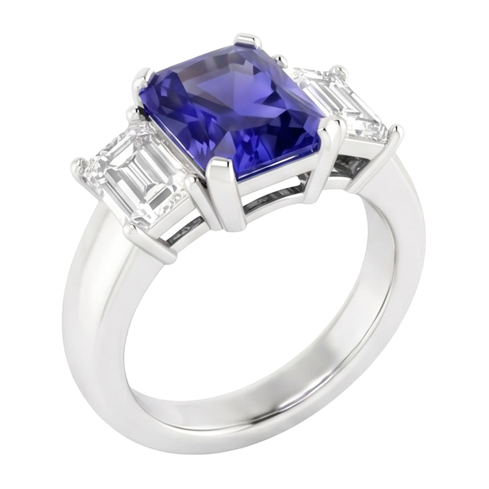 Emerald Natural Earth Mined Diamond 3 Stone Ring 2 Carats Blue Sapphire Radiant Cut Gold