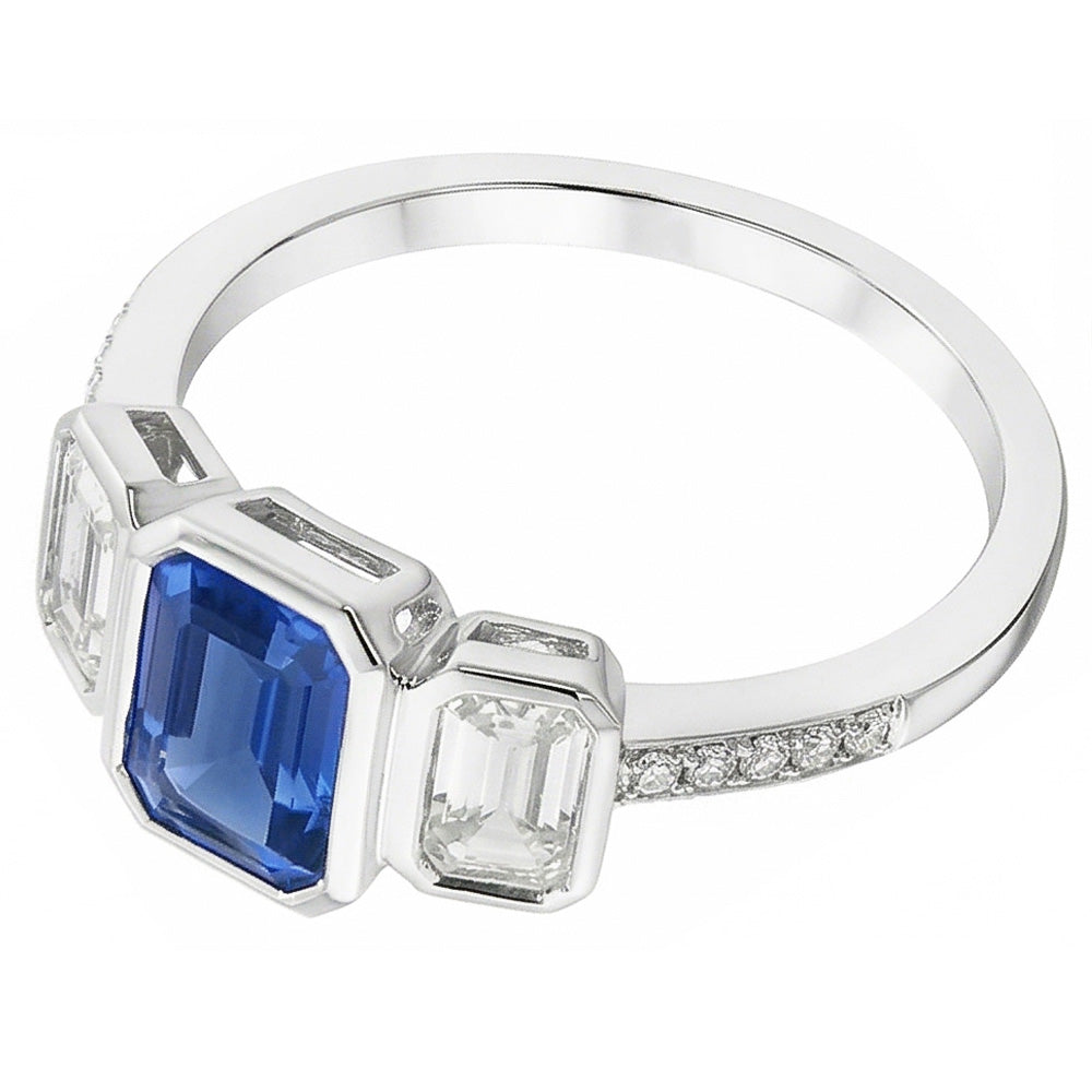 Emerald Natural Earth Mined Diamond Bezel Set Blue Sapphire Ring 3 Stone Style 2.50 Carats