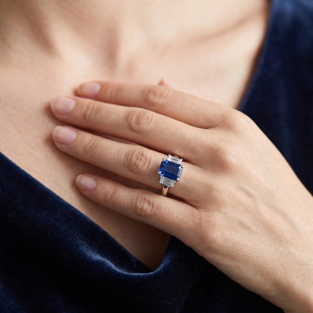 Emerald Natural Earth Mined Diamond Engagement Ring Ceylon Sapphire Basket Set 4 Carats