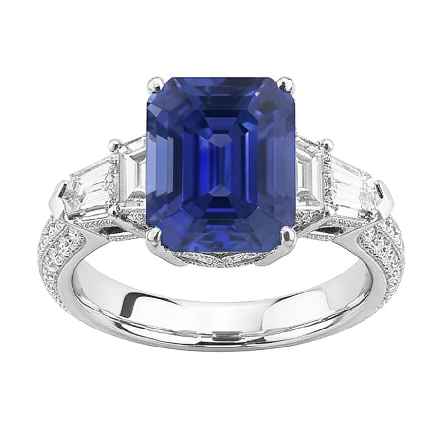 Emerald Natural Earth Mined Diamond Ring Vintage Style Sapphire Baguette Sides 3.50 Carats