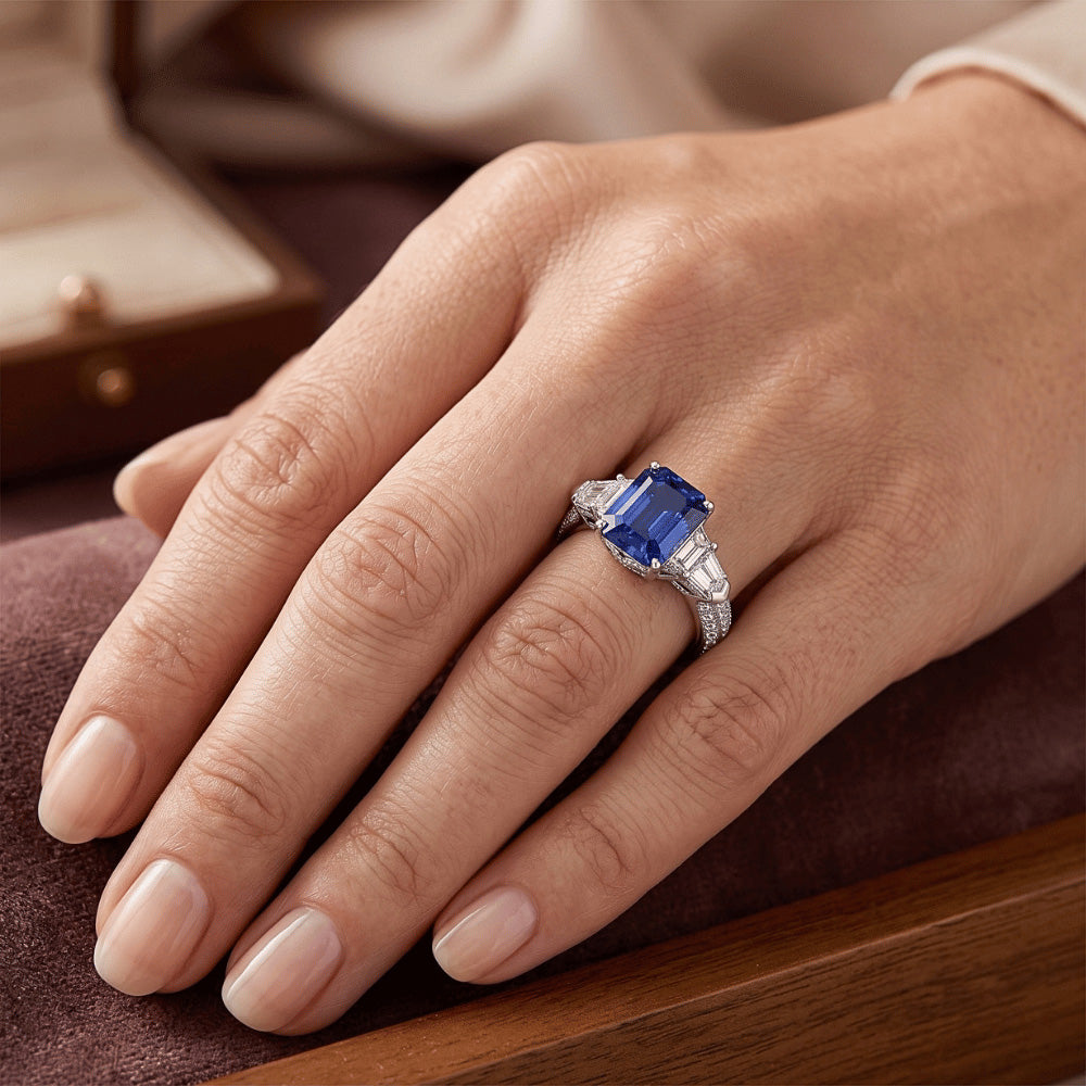 Emerald Natural Earth Mined Diamond Ring Vintage Style Sapphire Baguette Sides 3.50 Carats