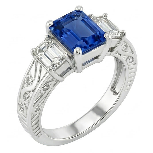 Emerald Natural Earth Mined Diamond Vintage Style Ring 2 Carat Blue Sapphire Radiant Shape