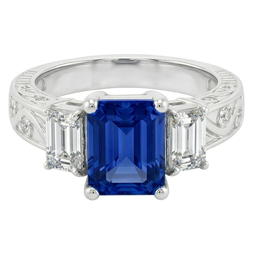 Emerald Natural Earth Mined Diamond Vintage Style Ring 2 Carat Blue Sapphire Radiant Shape