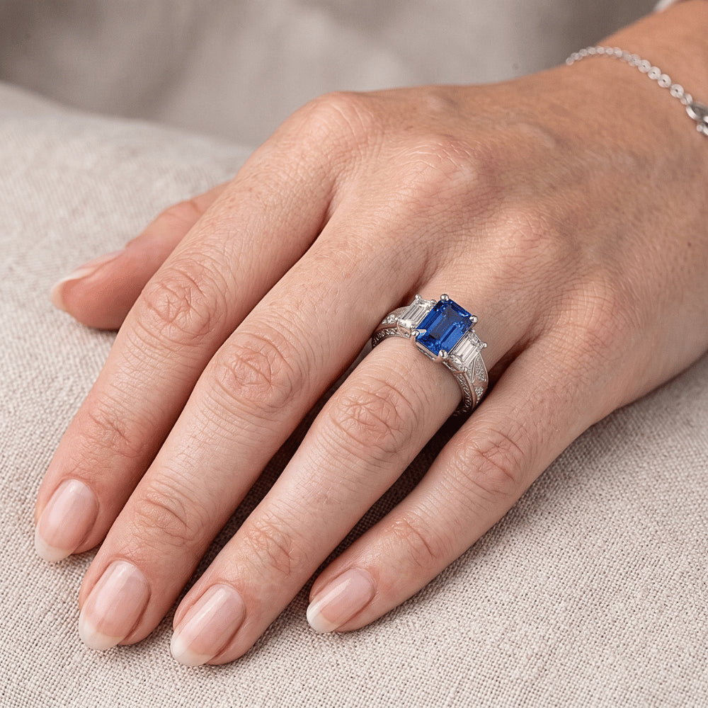Emerald Natural Earth Mined Diamond Vintage Style Ring 2 Carat Blue Sapphire Radiant Shape