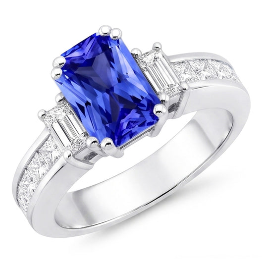 Emerald Natural Earth Mined Diamond & Sapphire Ring 3 Stone Style 4.50 Carats Channel Set