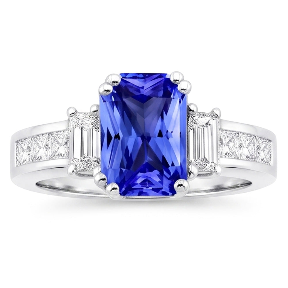 Emerald Natural Earth Mined Diamond & Sapphire Ring 3 Stone Style 4.50 Carats Channel Set