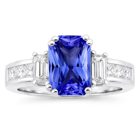 Emerald Natural Earth Mined Diamond & Sapphire Ring 3 Stone Style 4.50 Carats Channel Set
