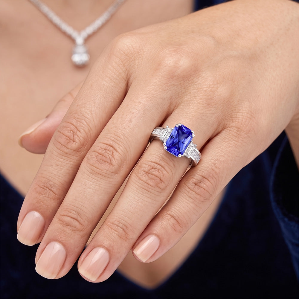 Emerald Natural Earth Mined Diamond & Sapphire Ring 3 Stone Style 4.50 Carats Channel Set