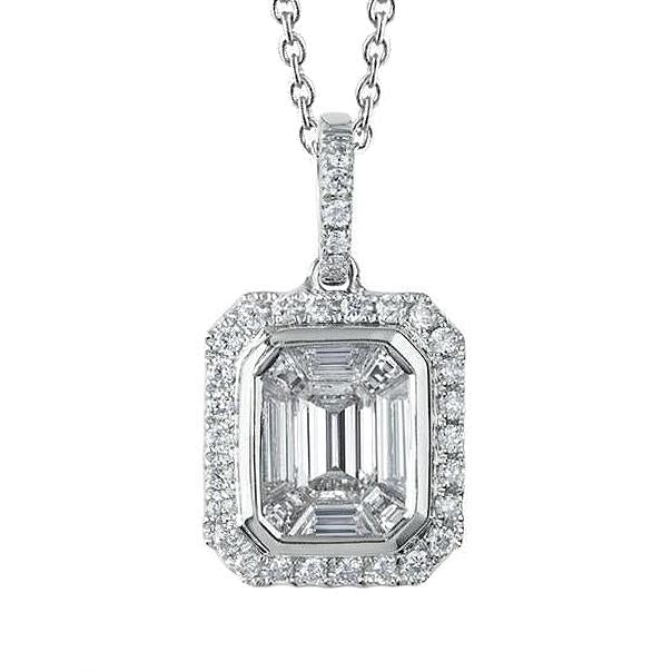 Emerald & Round 2.80 Carats Real Diamond Pendant Necklace White Gold 14K