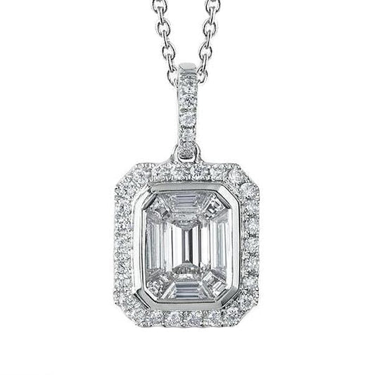 Emerald & Round 2.80 Carats Real Diamond Pendant Necklace White Gold 14K