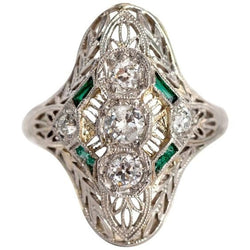 Emerald & Round Old Miner Real Natural Earth Mined Diamond Ring Filigree 2.50 Carats