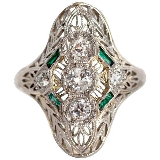 Emerald & Round Old Miner Real Diamond Ring Filigree 2.50 Carats