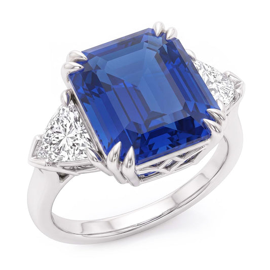 Emerald Sapphire Gemstone Ring 4 Carats Trillion Natural Earth Mined Diamonds 3 Stone Gold