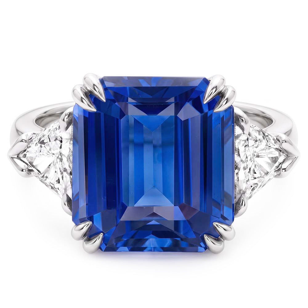 Emerald Sapphire Gemstone Ring 4 Carats Trillion Natural Earth Mined Diamonds 3 Stone Gold
