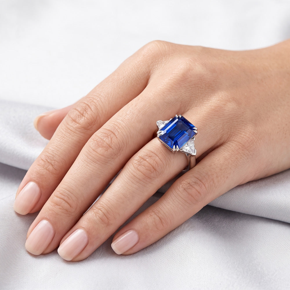 Emerald Sapphire Gemstone Ring 4 Carats Trillion Natural Earth Mined Diamonds 3 Stone Gold