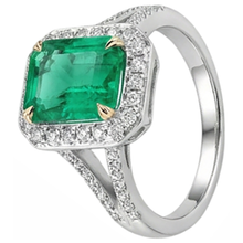 Fine Emerald Step Cut Gemstone Ring in 14 Karat Two Tone Gold – angle view