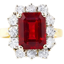 Emerald Shape Red Ruby With Round Natural Earth Mined Diamonds Ring 7.45 Carats Gold