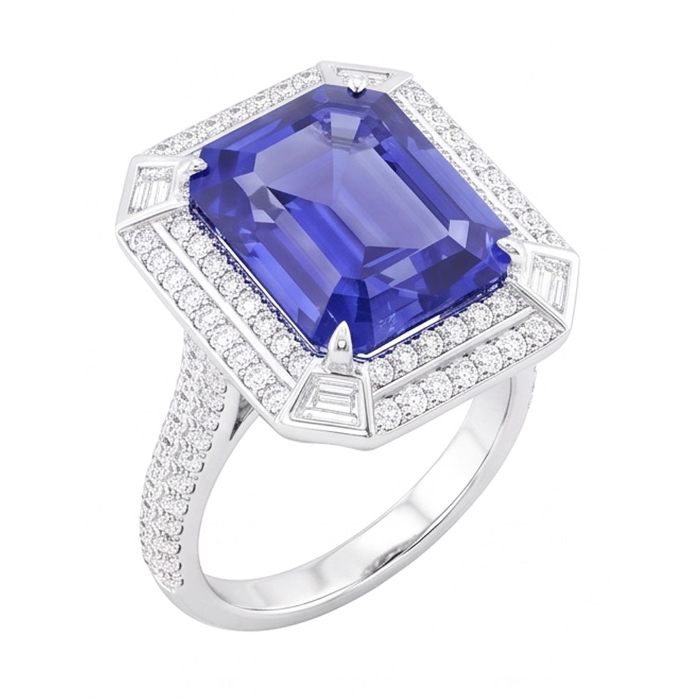 Emerald Shaped Natural Earth Mined Diamond Blue Sapphire Ring 4.50 Carats Pave Set Accents