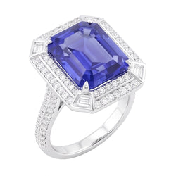 Emerald Shaped Natural Earth Mined Diamond Blue Sapphire Ring 4.50 Carats Pave Set Accents